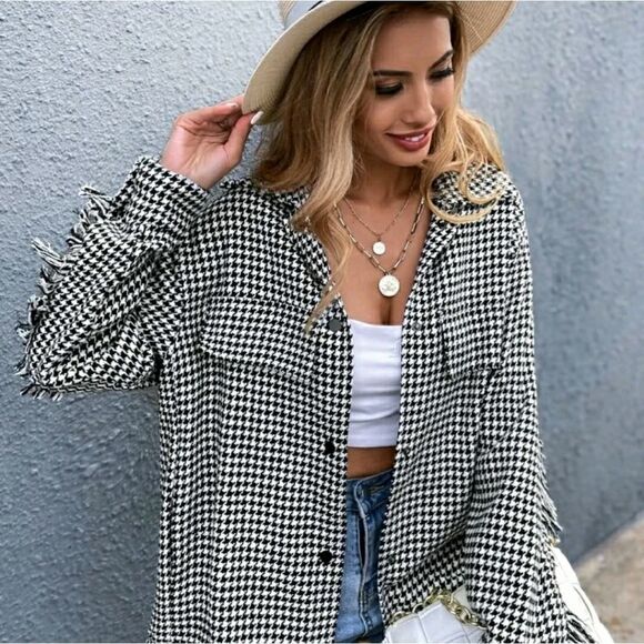 Drop Shoulder Houndstooth Fringe Trim Tweed Coat - Picture 7 of 9